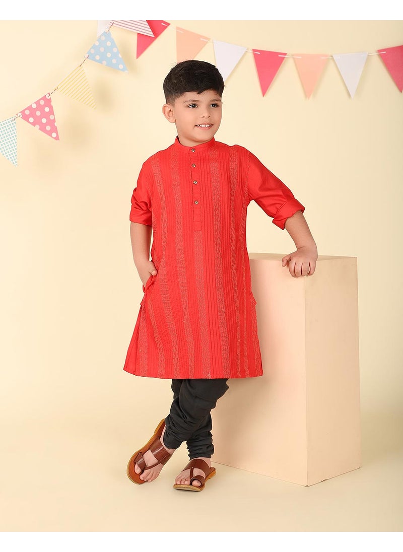 Red Viscose Blend Woven Long Kurta