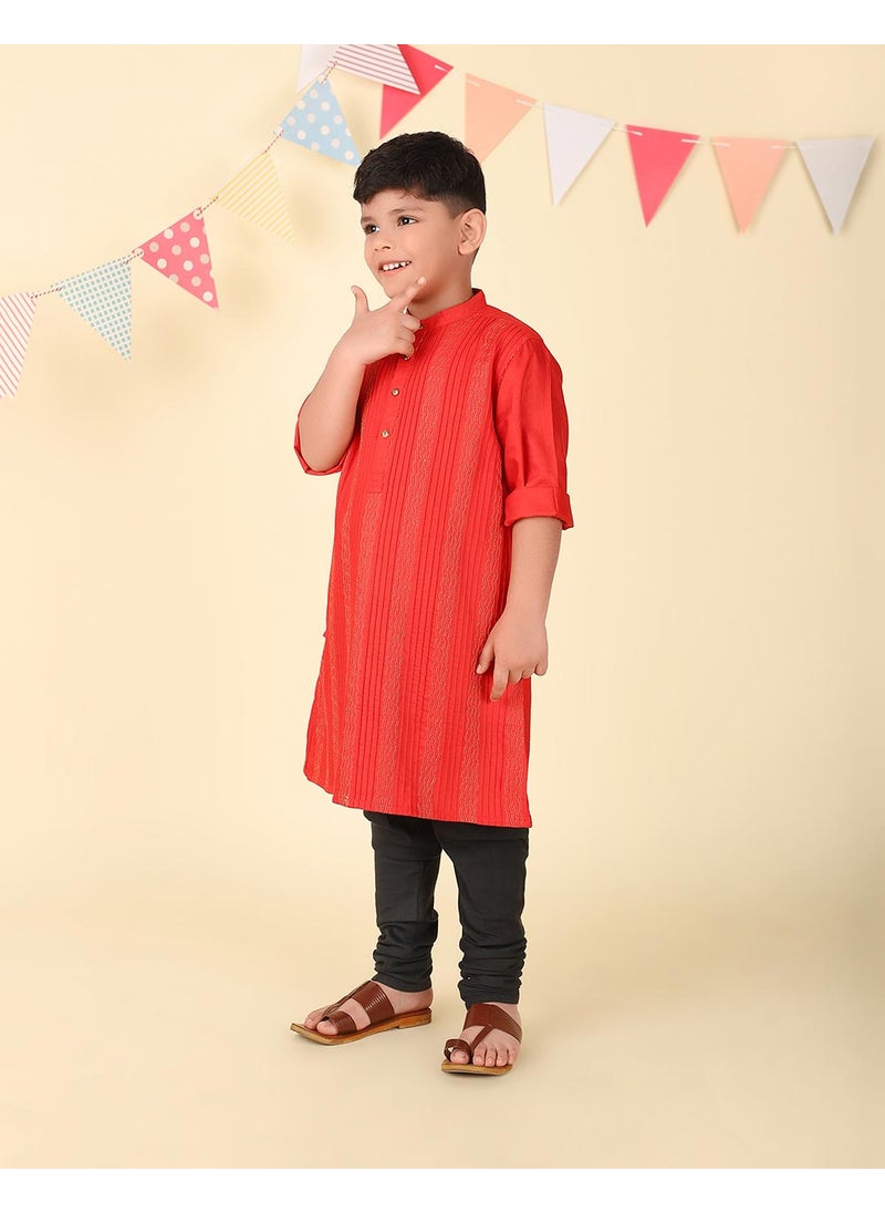Red Viscose Blend Woven Long Kurta