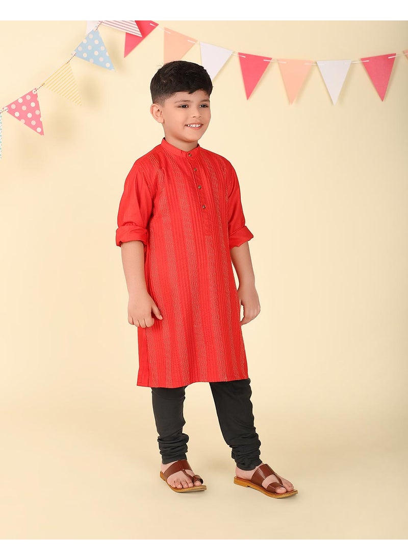 Red Viscose Blend Woven Long Kurta