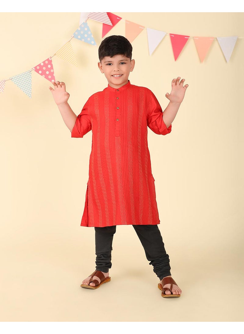 Red Viscose Blend Woven Long Kurta
