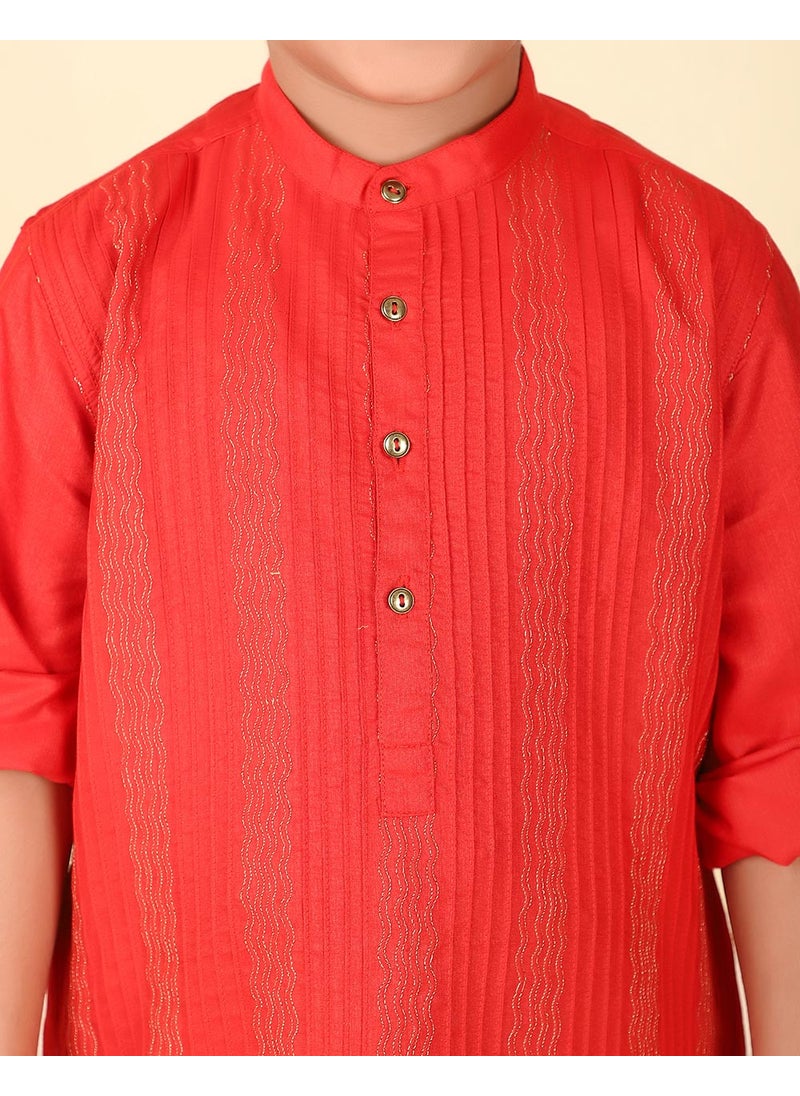 Red Viscose Blend Woven Long Kurta