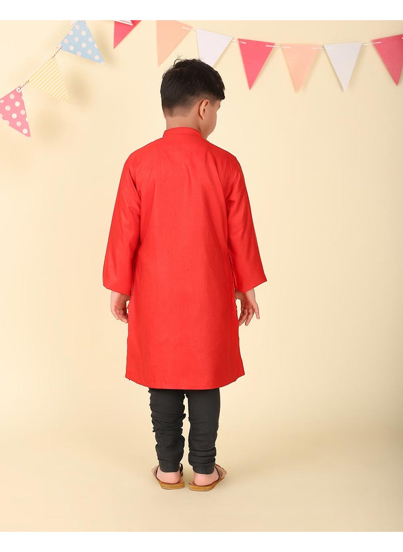 Red Viscose Blend Woven Long Kurta