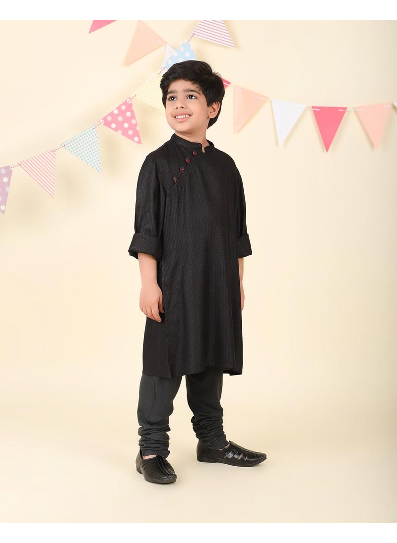Black Viscose Blend Dobby Long Kurta