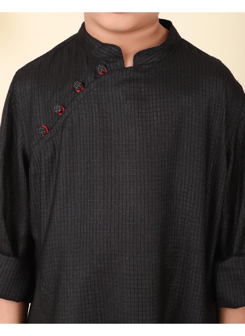 Black Viscose Blend Dobby Long Kurta