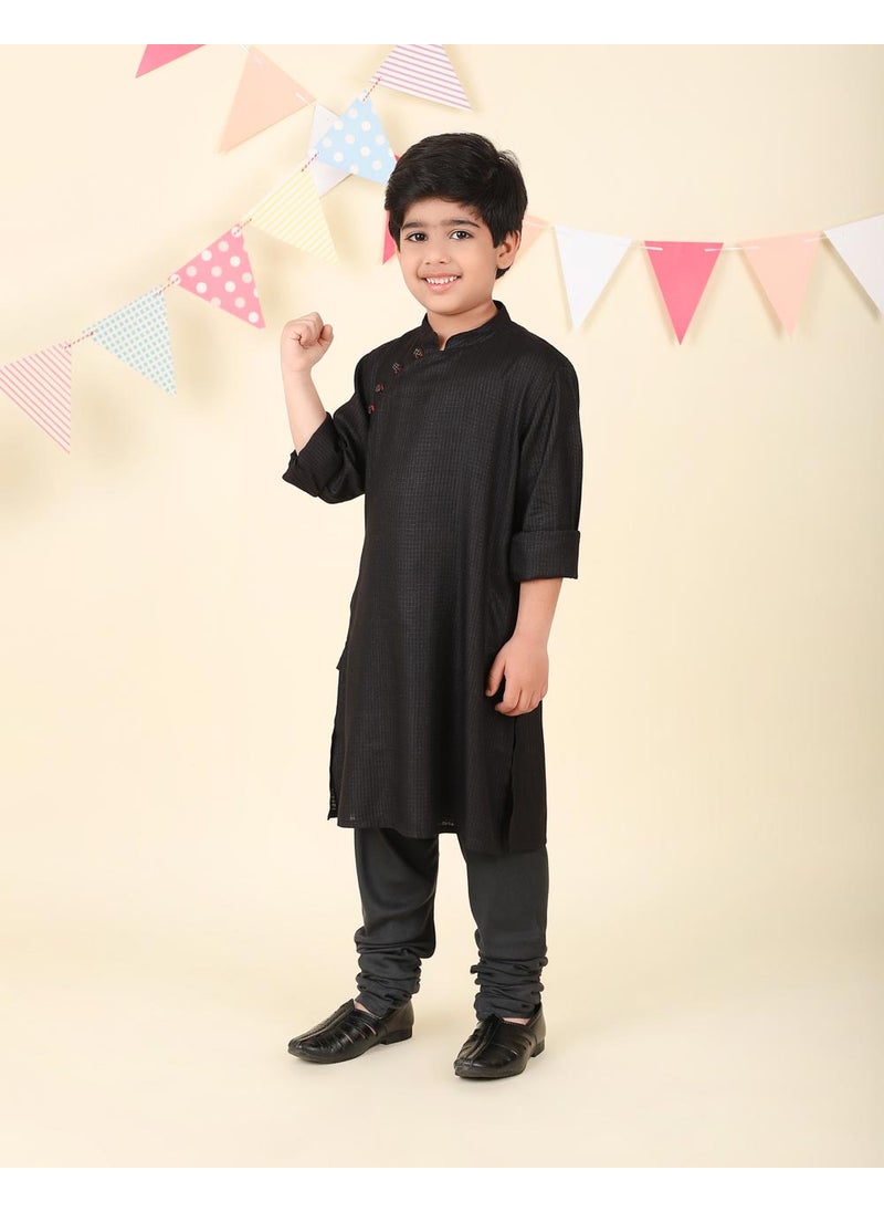 Black Viscose Blend Dobby Long Kurta