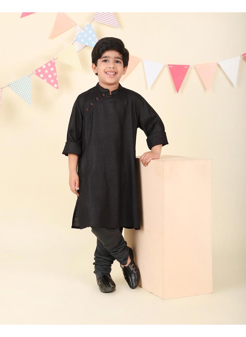 Black Viscose Blend Dobby Long Kurta