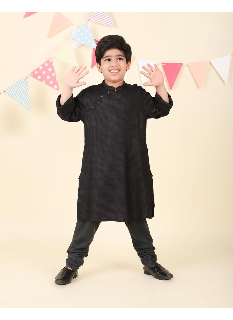 Black Viscose Blend Dobby Long Kurta