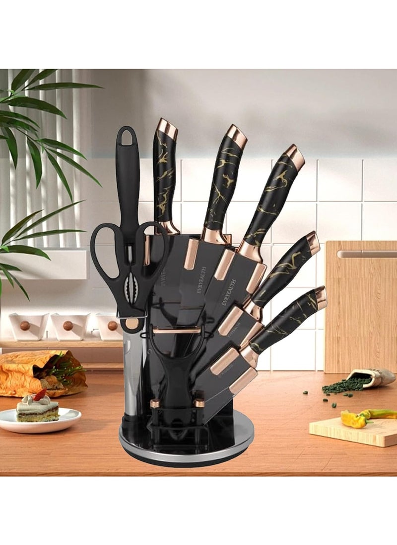 9-Piece Marble Pattern Handle Kitchen Knife Set – Premium Stainless Steel (Black with transparent)