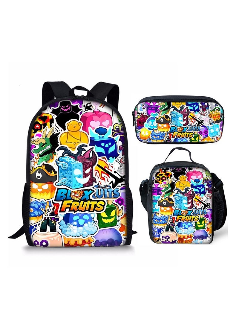 ROBLOX blox Fruits Primary School Student Backpack Cartoon Schoolbag Children's Backpack 29*42*16CM + Lunch Bag 19*23*6CM + Pencil Case 24*11*7CM Three-piece Set