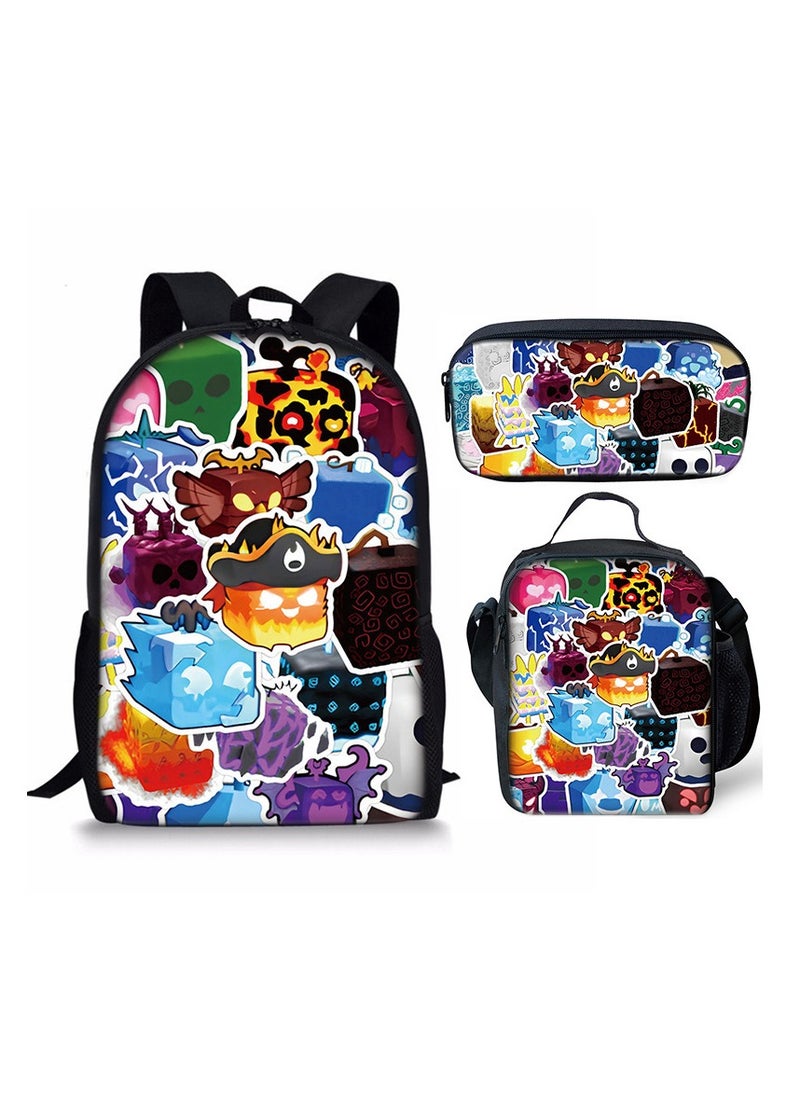 ROBLOX blox Fruits Primary School Student Backpack Cartoon Schoolbag Children's Backpack 29*42*16CM + Lunch Bag 19*23*6CM + Pencil Case 24*11*7CM Three-piece Set
