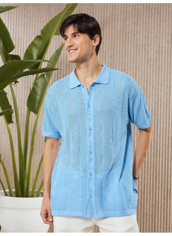 Arctic Blue Half-Sleeves Knitted Mens Shirt