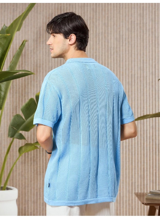Arctic Blue Half-Sleeves Knitted Mens Shirt