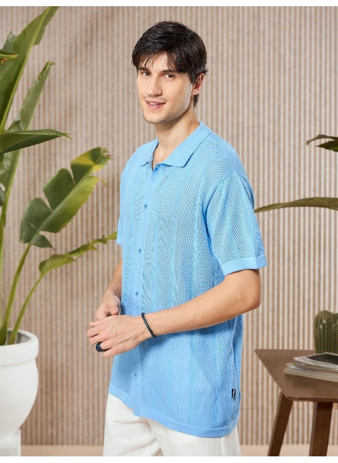 Arctic Blue Half-Sleeves Knitted Mens Shirt