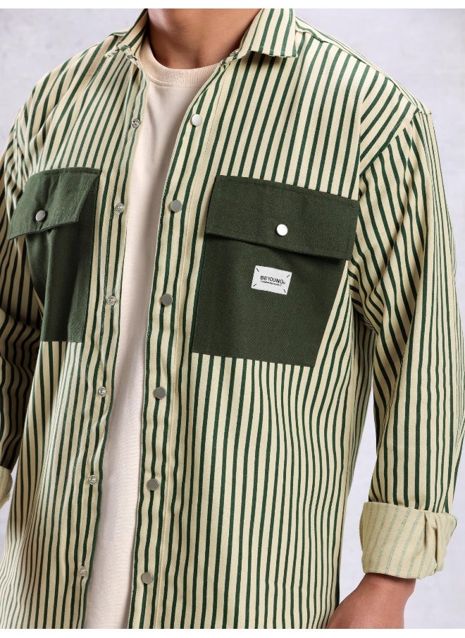 Green Heavy Striped Urban Shirt for Men