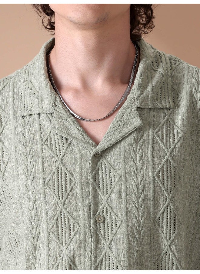 Space Grey Crochet Half-Sleeves Shirt for Men