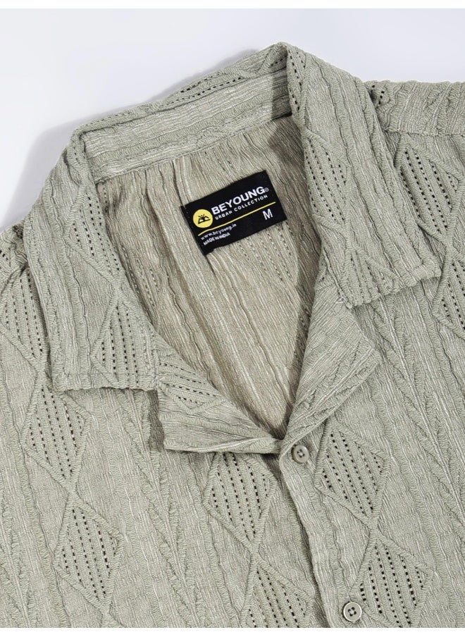 Space Grey Crochet Half-Sleeves Shirt for Men