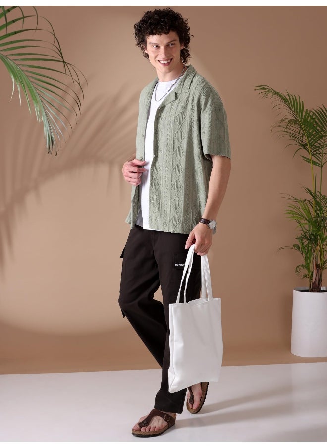 Space Grey Crochet Half-Sleeves Shirt for Men