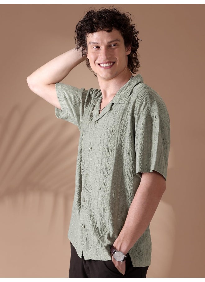 Space Grey Crochet Half-Sleeves Shirt for Men