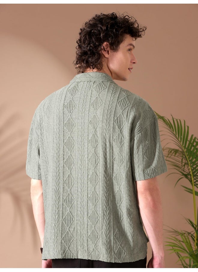 Space Grey Crochet Half-Sleeves Shirt for Men
