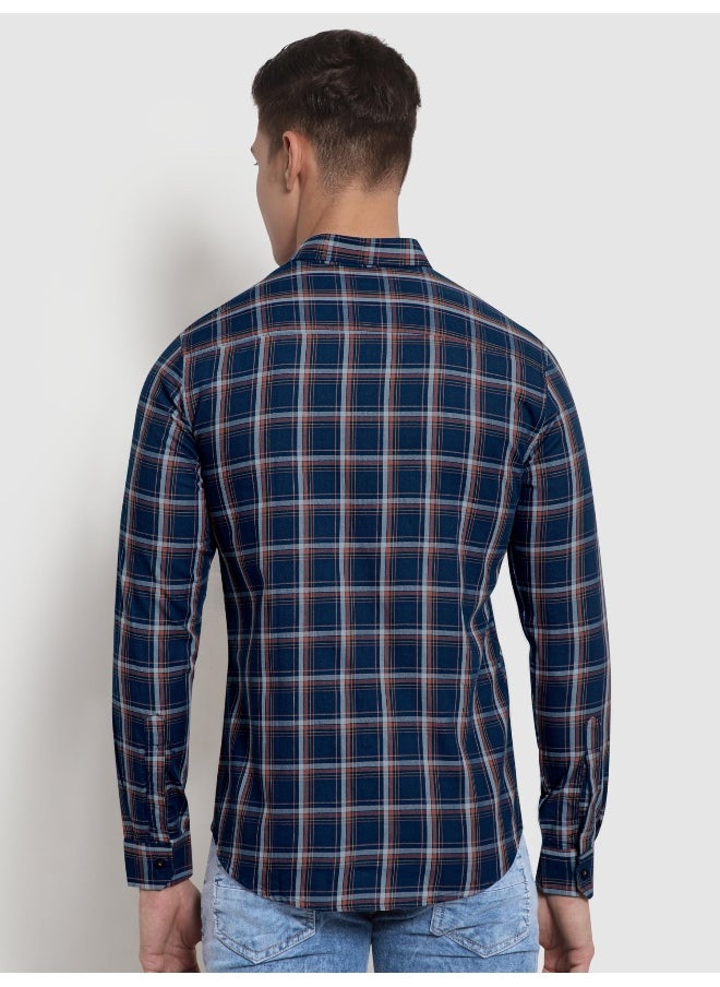 Long Sleeve Navy Blue Line Multi Checked Shirts for
