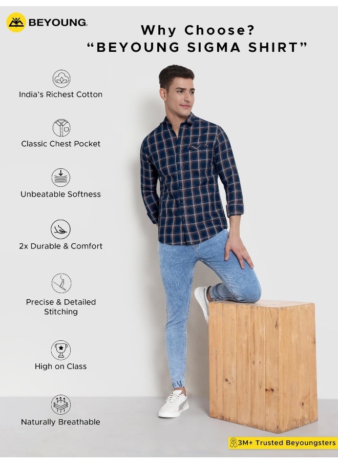 Long Sleeve Navy Blue Line Multi Checked Shirts for