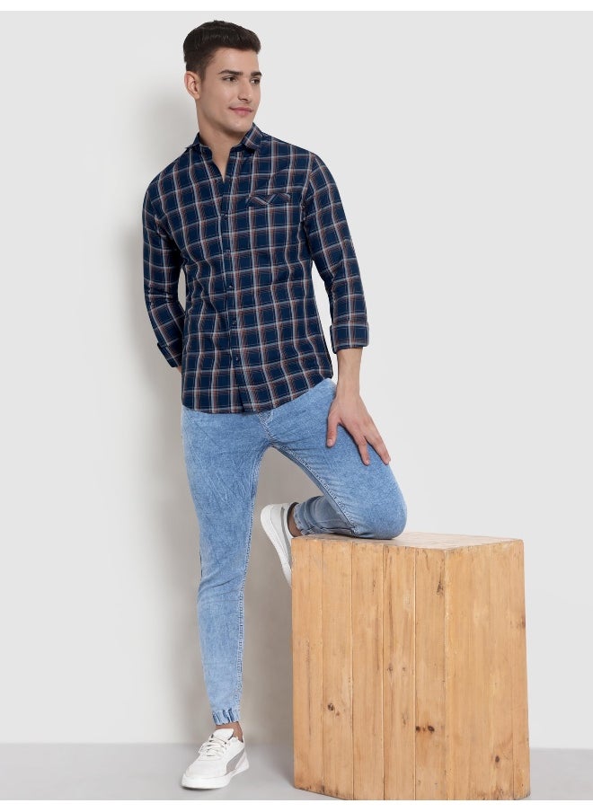 Long Sleeve Navy Blue Line Multi Checked Shirts for