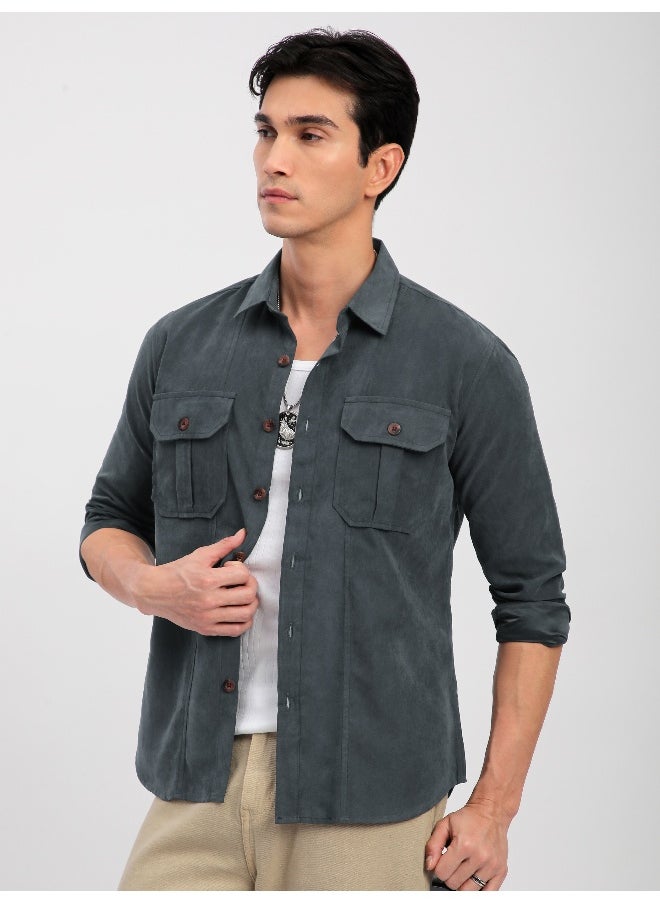 Grey Panel Suede Shirt