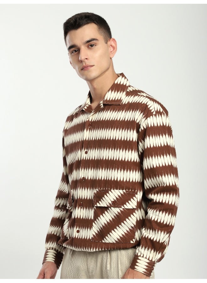 Brown Dual Pocket Abstract Printed Overshirt