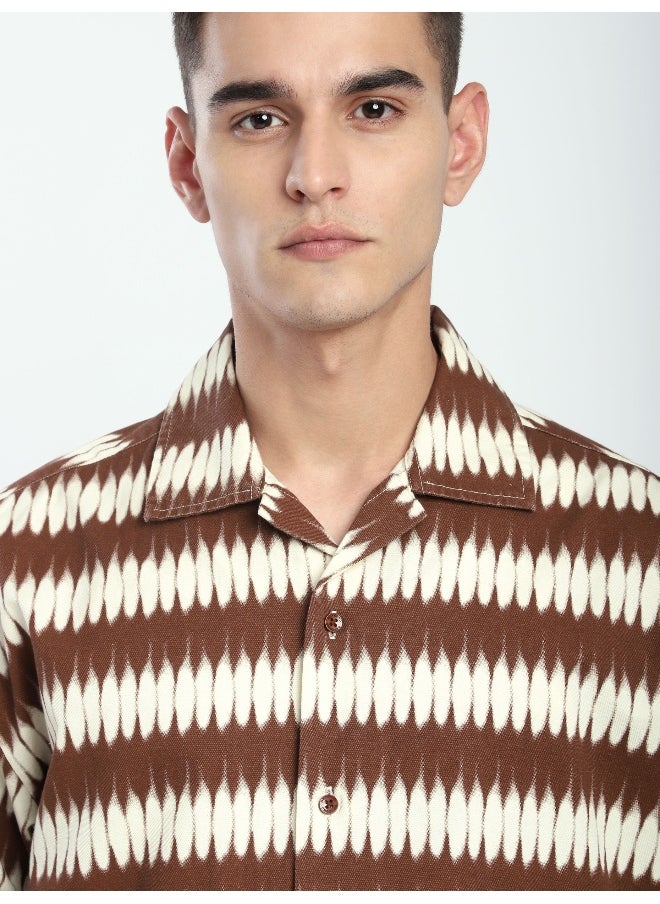 Brown Dual Pocket Abstract Printed Overshirt