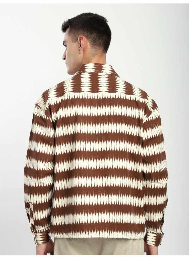 Brown Dual Pocket Abstract Printed Overshirt