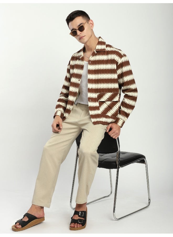 Brown Dual Pocket Abstract Printed Overshirt