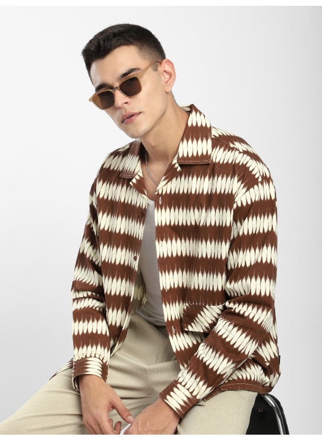 Brown Dual Pocket Abstract Printed Overshirt