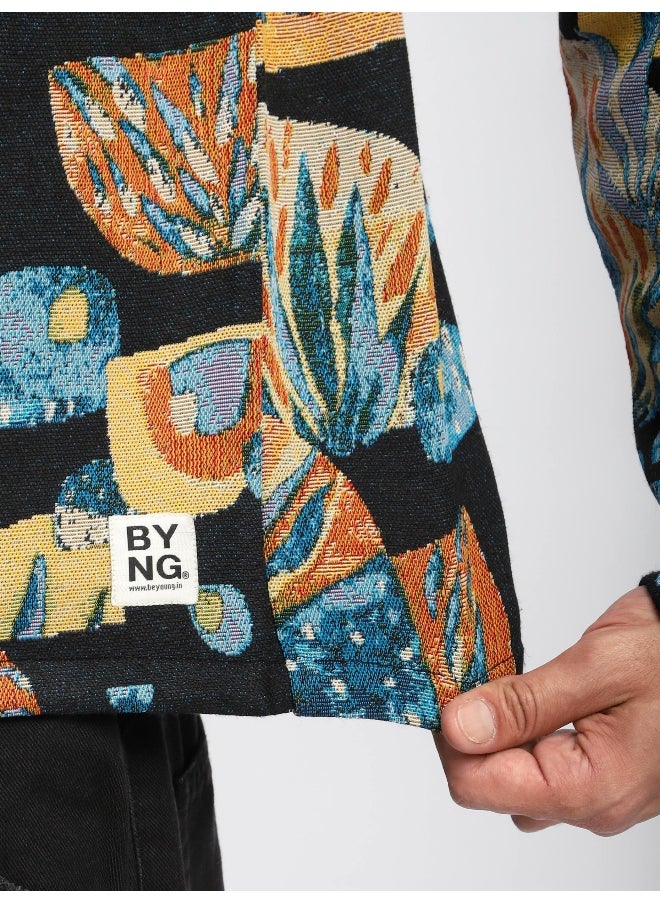 Black Tropical Print Hoodie Shacket
