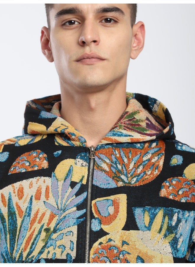 Black Tropical Print Hoodie Shacket