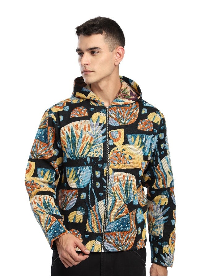 Black Tropical Print Hoodie Shacket