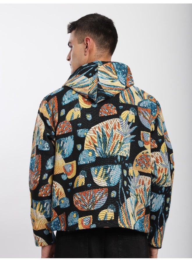 Black Tropical Print Hoodie Shacket