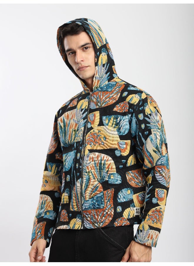 Black Tropical Print Hoodie Shacket