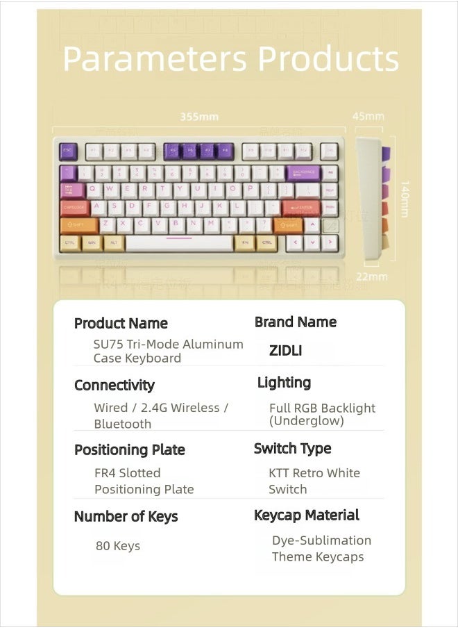 ZIDLI SU-75 Mechanical Keyboard - CNC Aluminum Block (Alu Block), Triple Mode (Wired/2.4G/Bluetooth), Gasket Structure for Tactile Feedback, 75% Hot-Swap PBT Keycaps with KTT Switches, 16M RGB, 6000mAh Battery