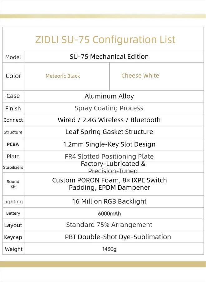 ZIDLI SU-75 Mechanical Keyboard - CNC Aluminum Block (Alu Block), Triple Mode (Wired/2.4G/Bluetooth), Gasket Structure for Tactile Feedback, 75% Hot-Swap PBT Keycaps with KTT Switches, 16M RGB, 6000mAh Battery