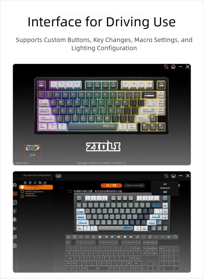ZIDLI SU-75 Mechanical Keyboard - CNC Aluminum Block (Alu Block), Triple Mode (Wired/2.4G/Bluetooth), Gasket Structure for Tactile Feedback, 75% Hot-Swap PBT Keycaps with KTT Switches, 16M RGB, 6000mAh Battery