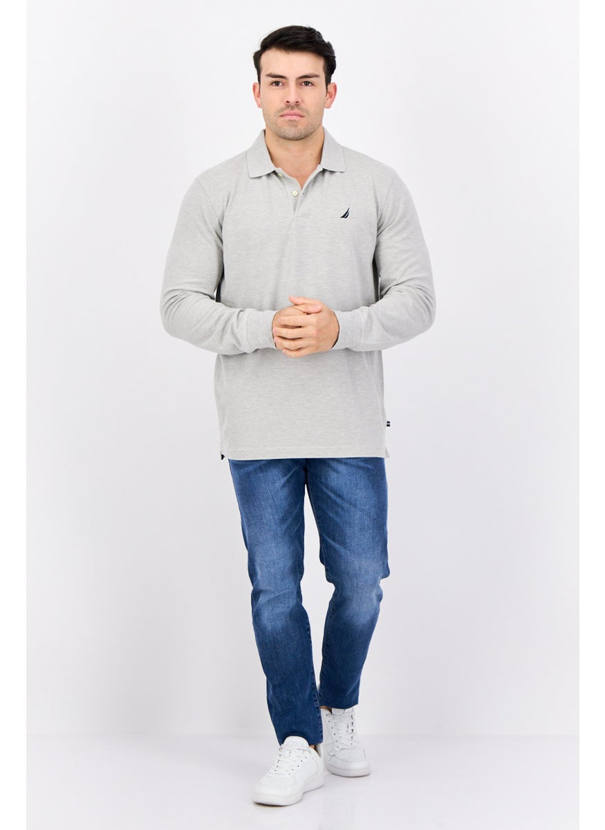 Men Regular Fit Heather Full Sleeves Polo Shirt, Light Grey