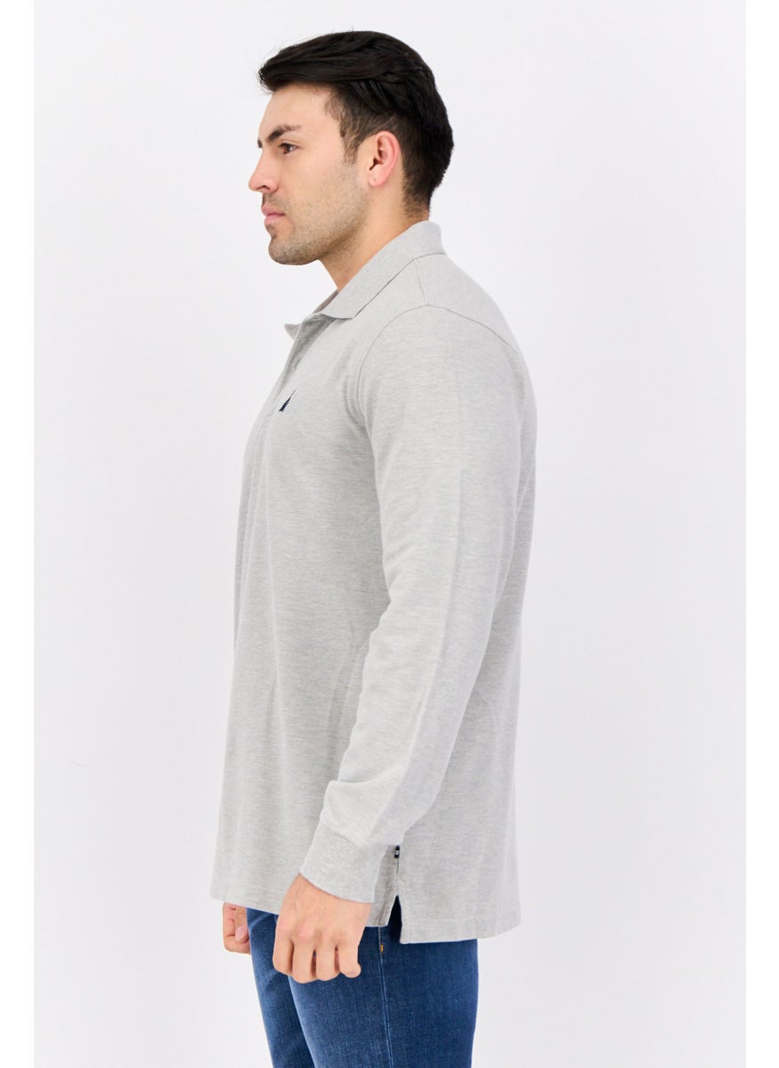 Men Regular Fit Heather Full Sleeves Polo Shirt, Light Grey