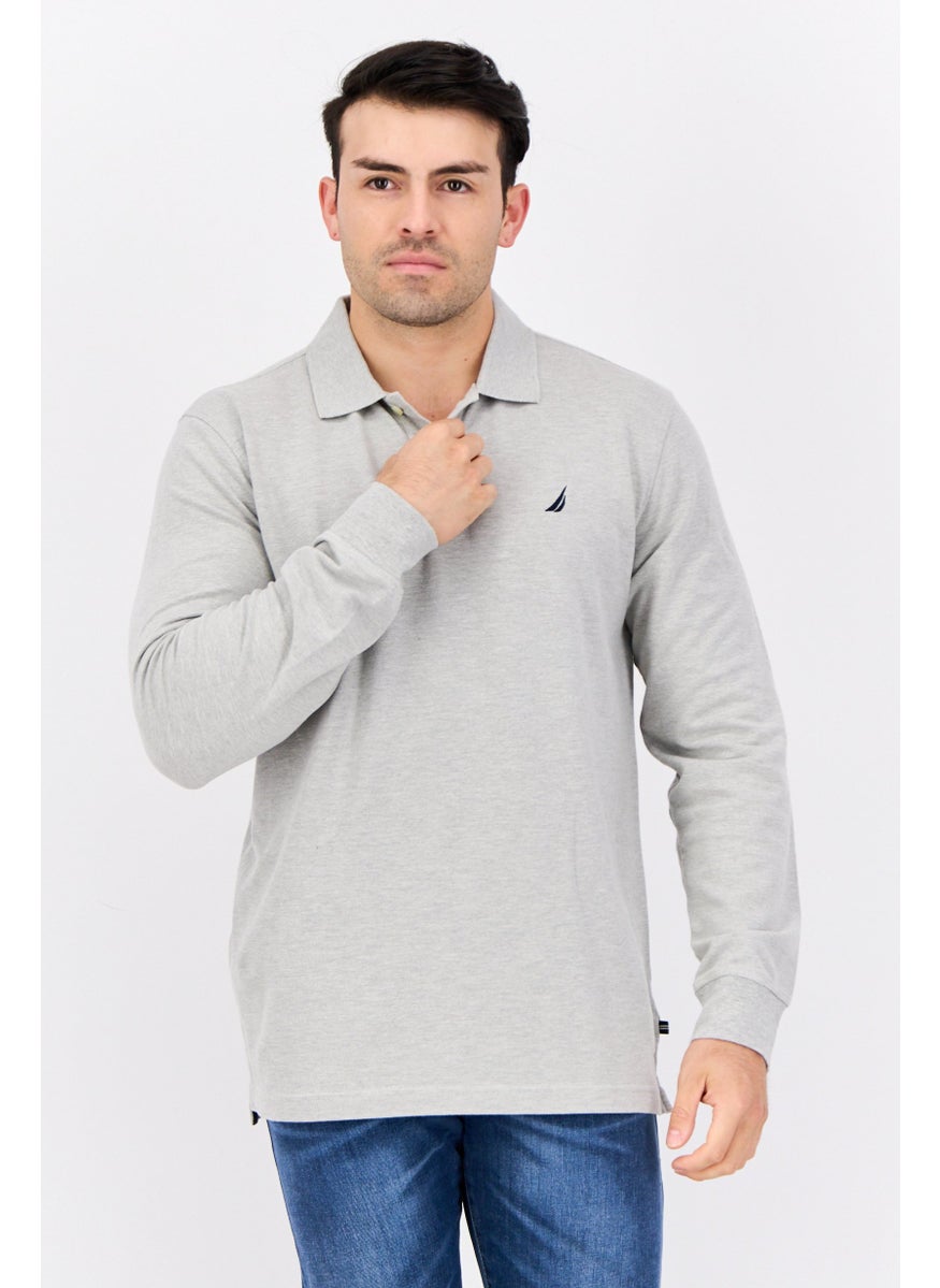 Men Regular Fit Heather Full Sleeves Polo Shirt, Light Grey