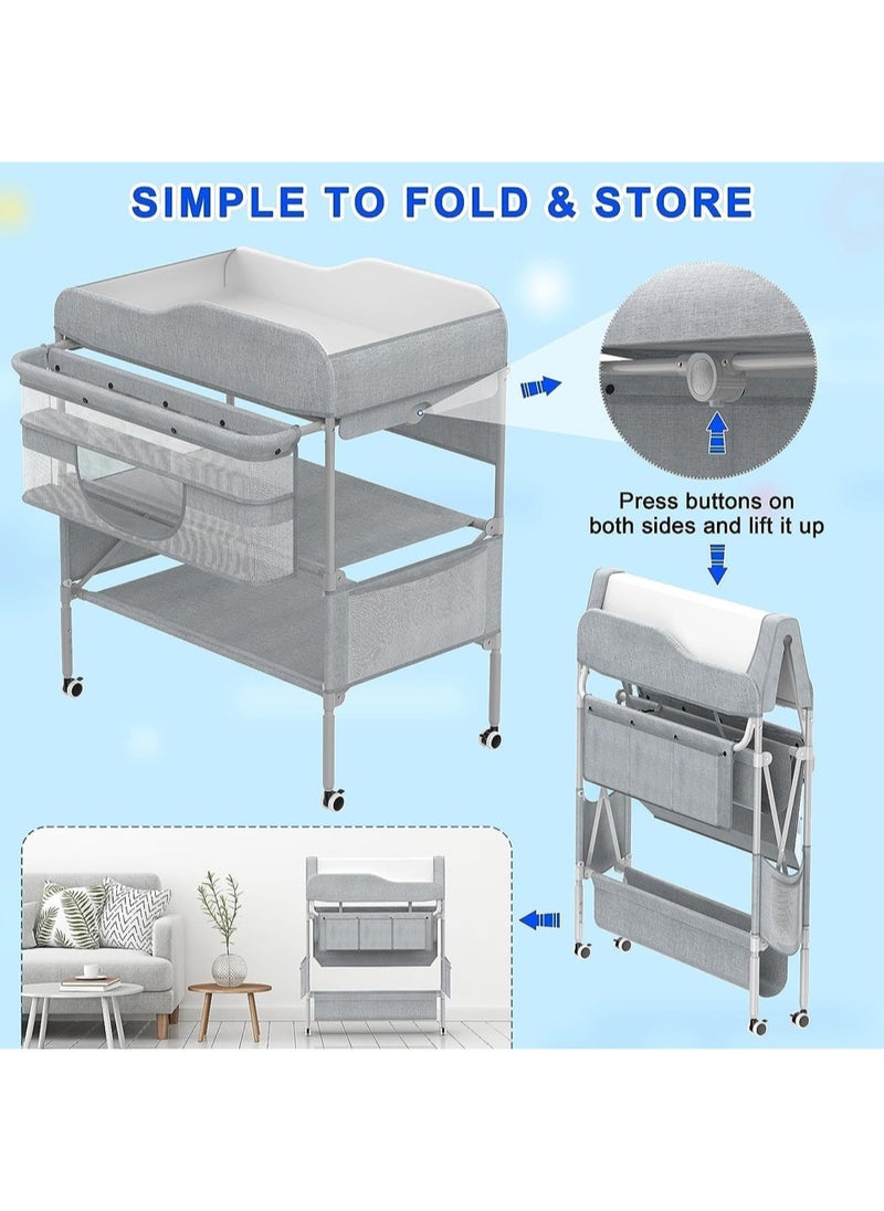 HELEE Portable Baby Changing Table, Extra Large Hanging Diaper Organizer and 2 Basket for Essentials, 3 Position Height Adjustable, Waterproof Pad and Foldable Diaper Changing Station