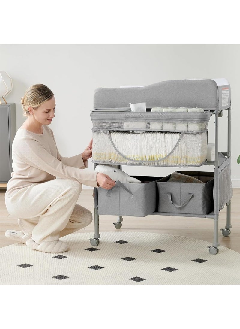 HELEE Portable Baby Changing Table, Extra Large Hanging Diaper Organizer and 2 Basket for Essentials, 3 Position Height Adjustable, Waterproof Pad and Foldable Diaper Changing Station