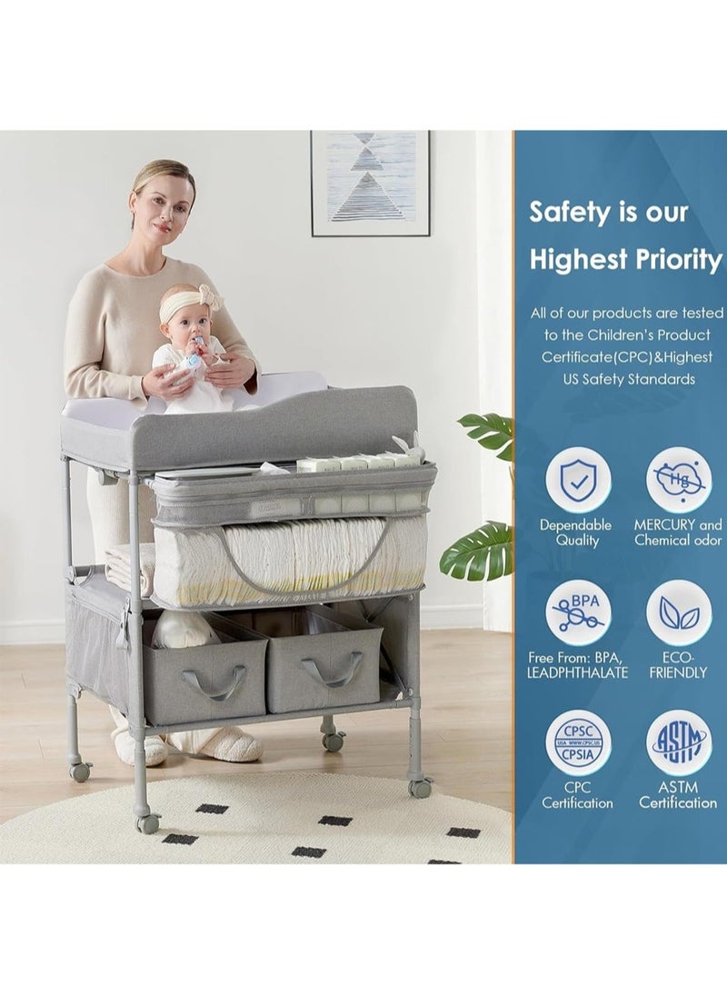 HELEE Portable Baby Changing Table, Extra Large Hanging Diaper Organizer and 2 Basket for Essentials, 3 Position Height Adjustable, Waterproof Pad and Foldable Diaper Changing Station