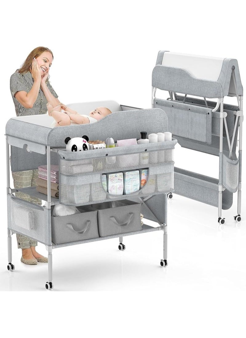 HELEE Portable Baby Changing Table, Extra Large Hanging Diaper Organizer and 2 Basket for Essentials, 3 Position Height Adjustable, Waterproof Pad and Foldable Diaper Changing Station