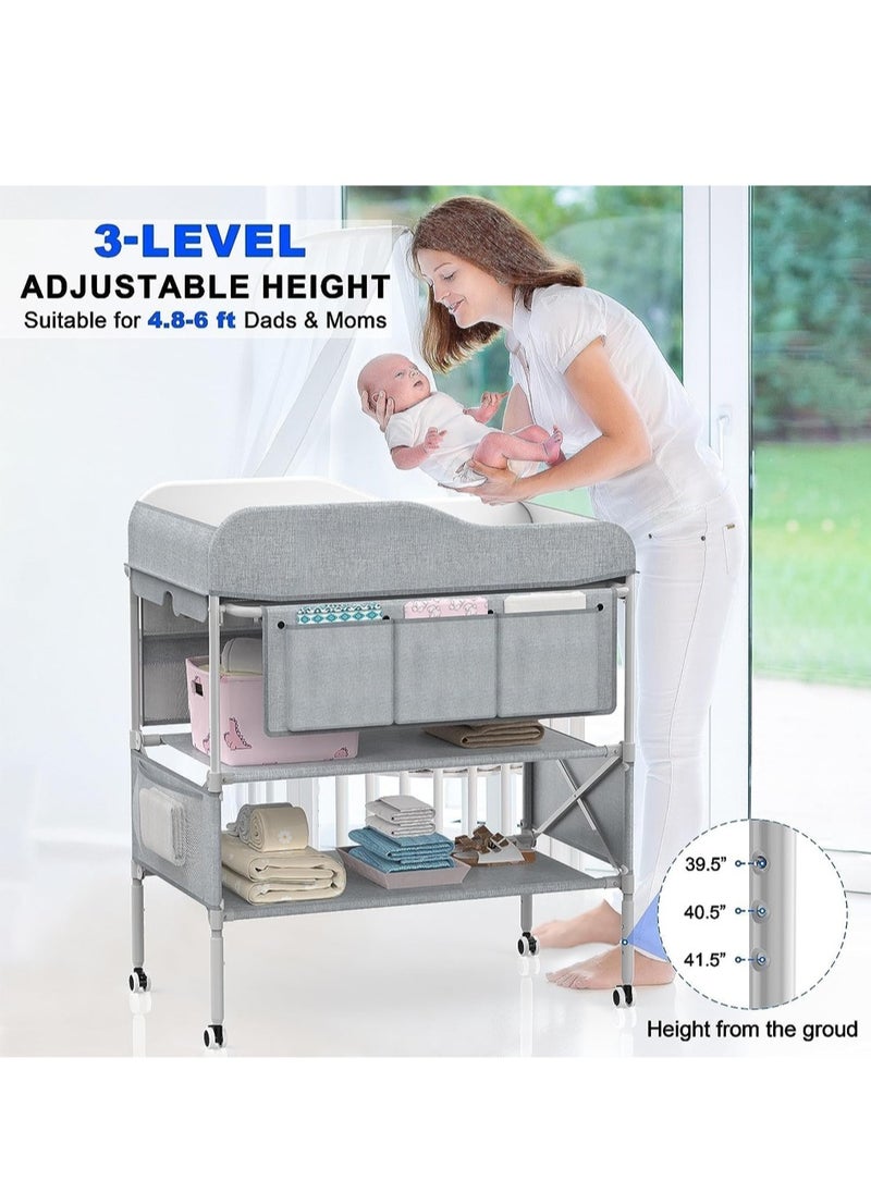 HELEE Portable Baby Changing Table, Extra Large Hanging Diaper Organizer and 2 Basket for Essentials, 3 Position Height Adjustable, Waterproof Pad and Foldable Diaper Changing Station