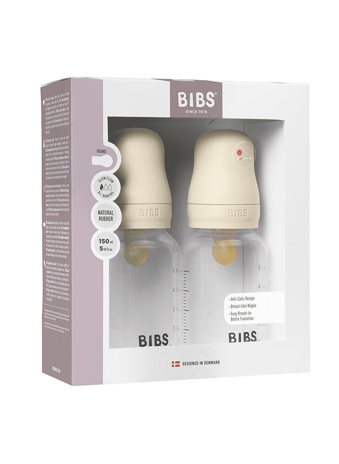 Pack Of 2 Baby Bottle Round Nipple Latex 150 Ml Slow Flow, Ivory, 0 Months +