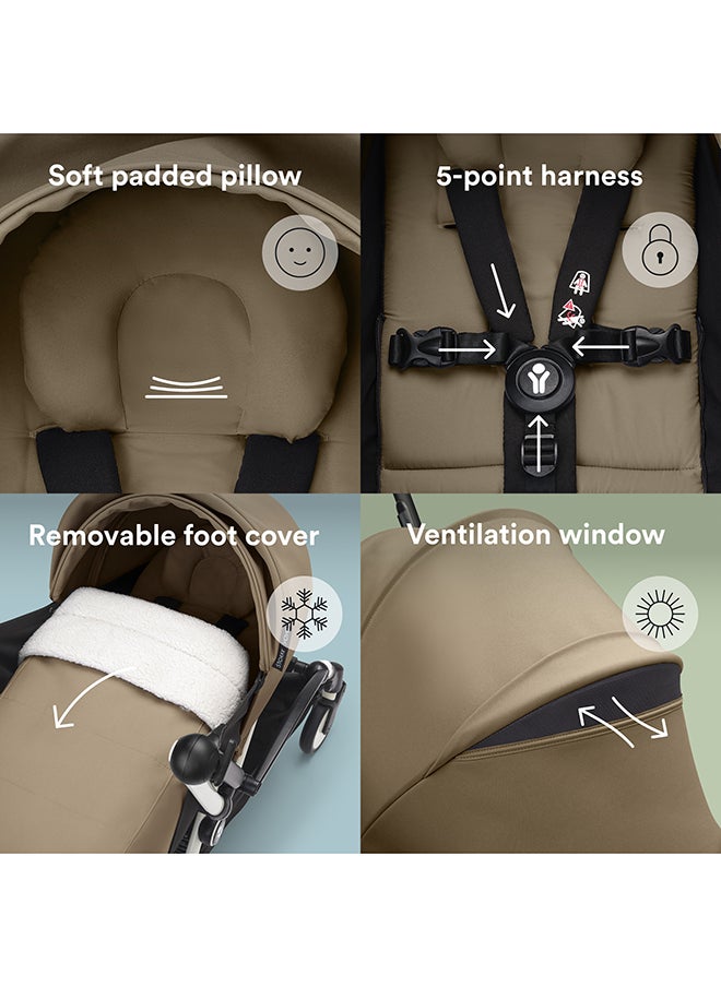 Stokke YOYO 0+ Newborn Pack, Flat-Lay Infant Nest with 5‑Point Harness and UPF 50+ Canopy, Folds Compact with Stroller Frame, Birth to 9 kg Lightweight Travel Solution, Toffee Color